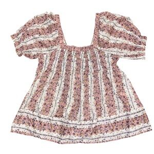 Free People Beige Tan Floral Loose Fit Square Neck Blouse Short Sleeve Small NWT